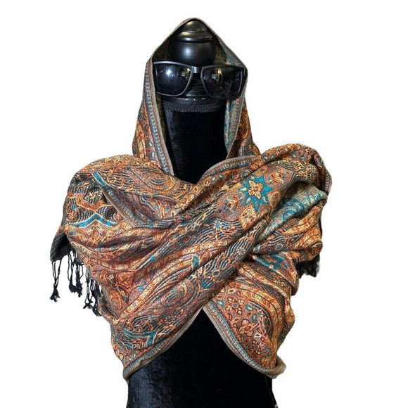 Unbranded Scarf Womens Rectangle Cashmere Orange Turquoise Boho Floral Fringe - Picture 9 of 11